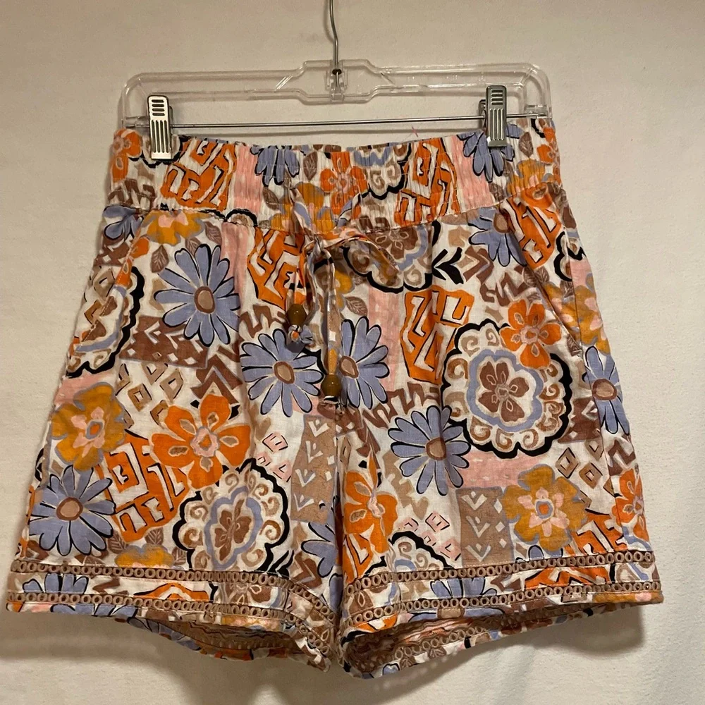 Nicole Miller Orange, Lavender & Brown Floral Patchwork Linen Drawstring Shorts